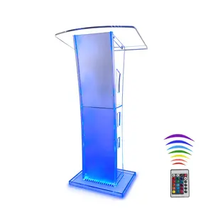 Acrylic Podium Standing Desk Lectern 110cm Acrylic Podium Stand LED Lecterns with Colorful Light Modern Lecterns with Wide Reading Surface and Storage Compartment