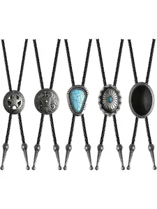5 Pcs Bolo Tie Set Retro & Versatile Alloy Multi-Style Adjustable Black Braided Rope For Men Women Cowboy Costume Formal Event Present