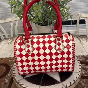 Red & White Checkered Leather Handbag with Detachable Strap and Zipper Closure