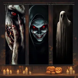 Ghost Pattern Canvas Hanging Banner, 3 Counts/set Halloween Wall Art Poster, Unframed Art Print, Wall Art Decor for Home Living Room Bedroom Office