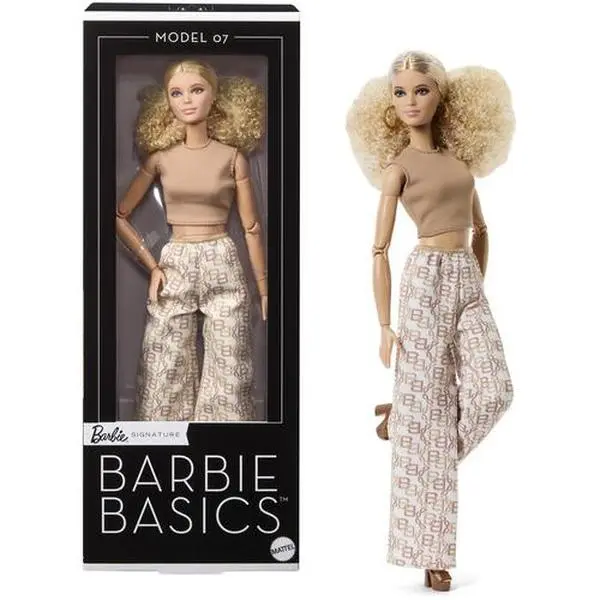 Classic Unisex Collectible Fashion Doll (1 Doll + Stand) - Basics Neutral Series 2026 Model 07, Curly Blonde Hair, Made to Move Posable Body, Fabric Details, Chunky Brown Heels, Golden Print [COLLECTIBLES] Single Unit