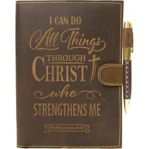 Religious Refillable Leather Journal -  A5 Writing Notebook with Pen - Philippians 4:13 "I Can Do  Things" Embossed Diary with 2 Lined Inserts & Pen Holder - 480 Pages
