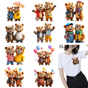 12 PCS Two Bear Friends Heat Transfer Vinyl Patches Iron on Stickers for DIY T Shirts Jeans Backpacks Hats Family Clothing Accessories