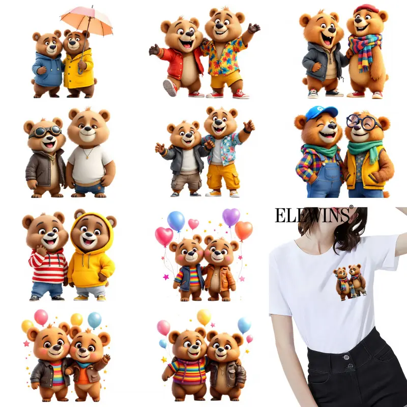 12 PCS Two Bear Friends Heat Transfer Vinyl Patches Iron on Stickers for DIY T Shirts Jeans Backpacks Hats Family Clothing Accessories