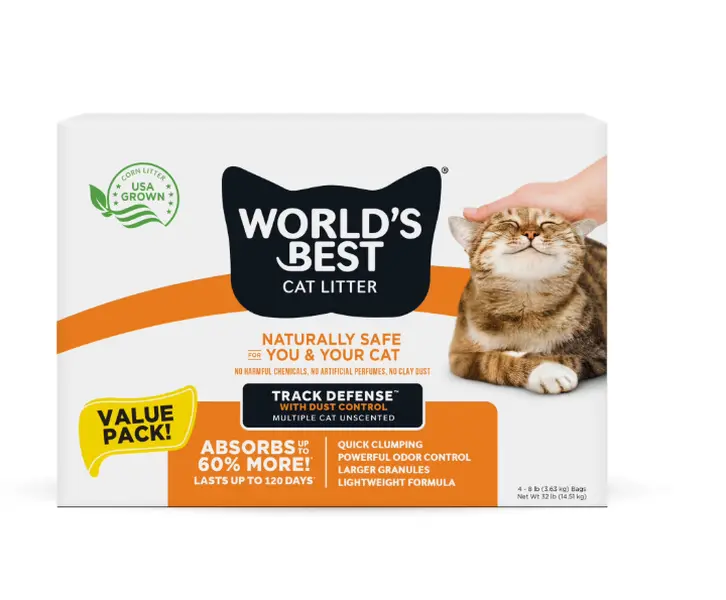 World's Best Cat Litter Track Defense Unscented, Low Tracking, Dust Control, Made from Corn, Quick Clumping, Flushable, 99% Dust Free, Long-Lasting Odor Control & Easy Scooping, 32 Pound Multi Pack