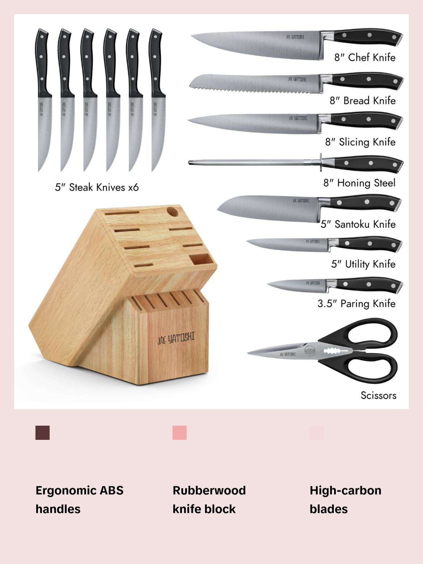Yatoshi 15-Piece Kitchen Knife Block Set- Premium High-Carbon Blades with Black ABS Handles Kitchen Knives