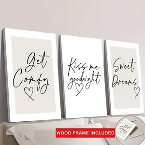 3pcs Modern Classic Art Deco Style Black and White Canvas Wall Art with Bedtime Quotes "Get Comfy," "Kiss Me Goodnight," and "Sweet Dreams" - With Framed for Bedroom, Living Room, Home Office, Bathroom, or Restaurant Decor, Wall Art Decor