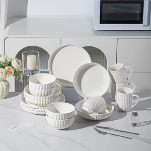 8 ceramic tableware set, light luxury pure white vertical pattern, including salad bowl, large plate and cup, suitable for hotels, restaurants, kitchens, holiday parties, can hold steak, salad, coffee, milk, dessert, turkey, Christmas, Easter, New Year's