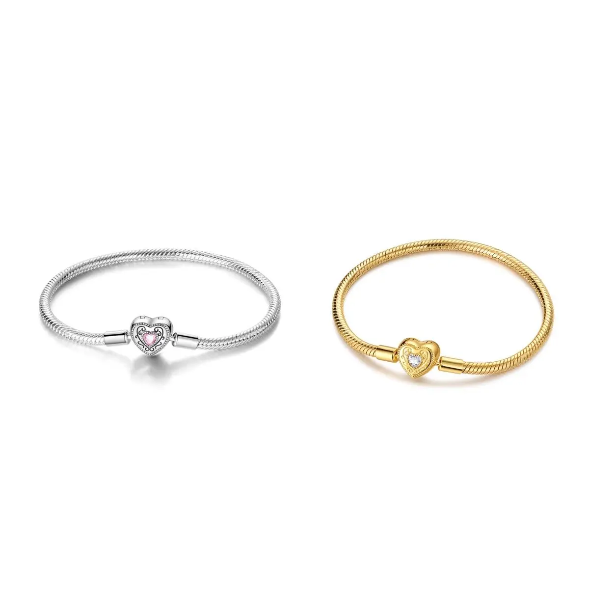 MULA 925 Sterling Silver Vintage Heart and Snake Chain Bracelet – 14K Gold Plated, Set with Pink and Clear Zirconia, Compatible with Pandora Charms, Romantic Princess-Style Valentine's Day Gift