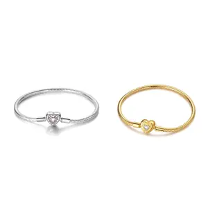 MULA 925 Sterling Silver Vintage Heart and Snake Chain Bracelet – 14K Gold Plated, Set with Pink and Clear Zirconia, Compatible with Pandora Charms, Romantic Princess-Style Valentine's Day Gift