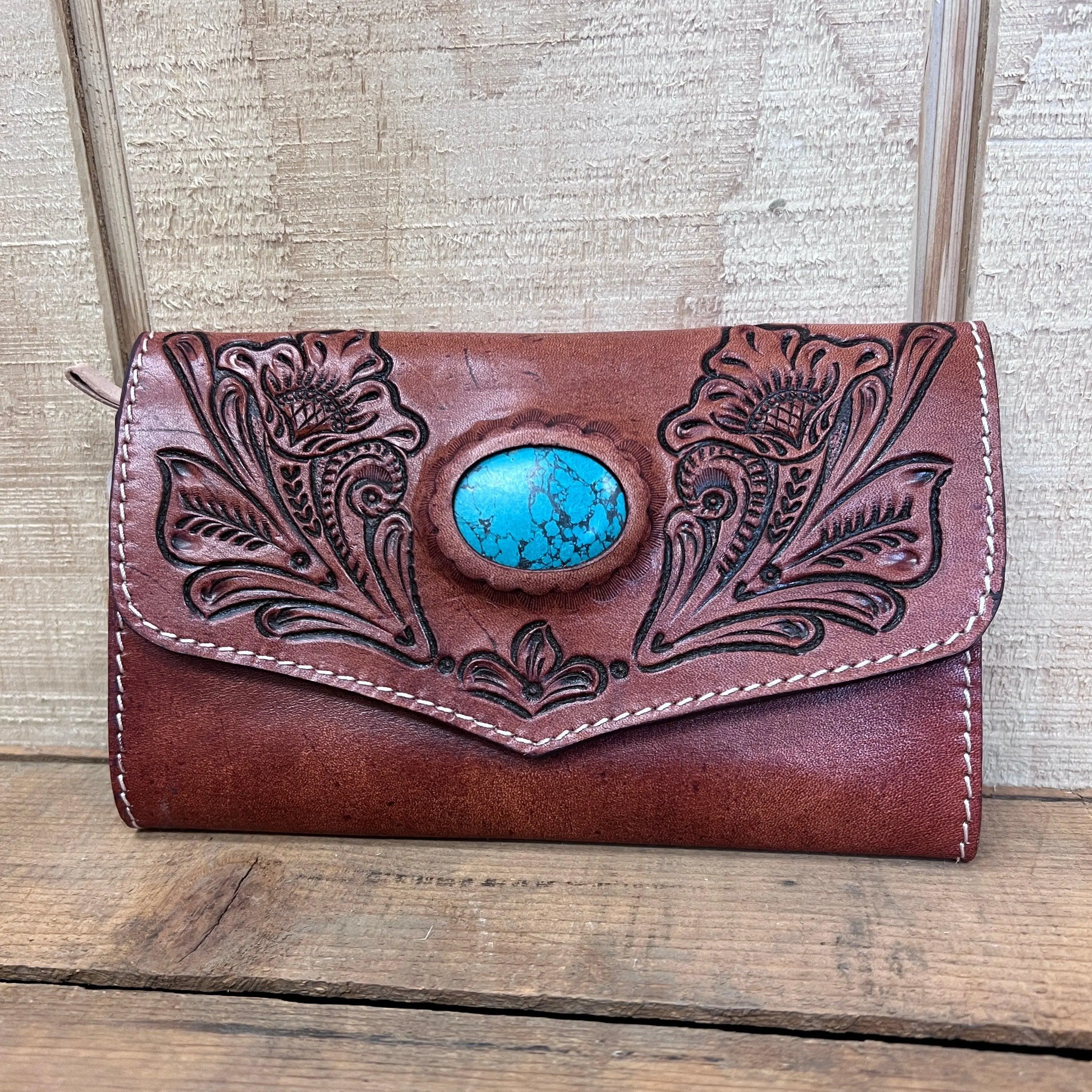 American Darling Tooled Leather Wallet Purse with Turquoise Accent ADBGH105B
