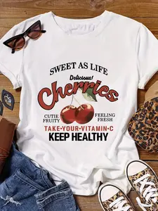 Plus Size Cherry Print T-Shirt, Casual Crew Neck Short Sleeve T-Shirt, Women's Plus Size Clothing
