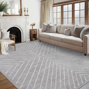 Garvee 8x10 Washable Modern Geometric Area Rug - Non-Slip, Soft, Thin, Foldable Accent Carpet for Living Room, Bedroom, Dining, Playroom - Large, Solid Gray Floor Cover, Non-Shed