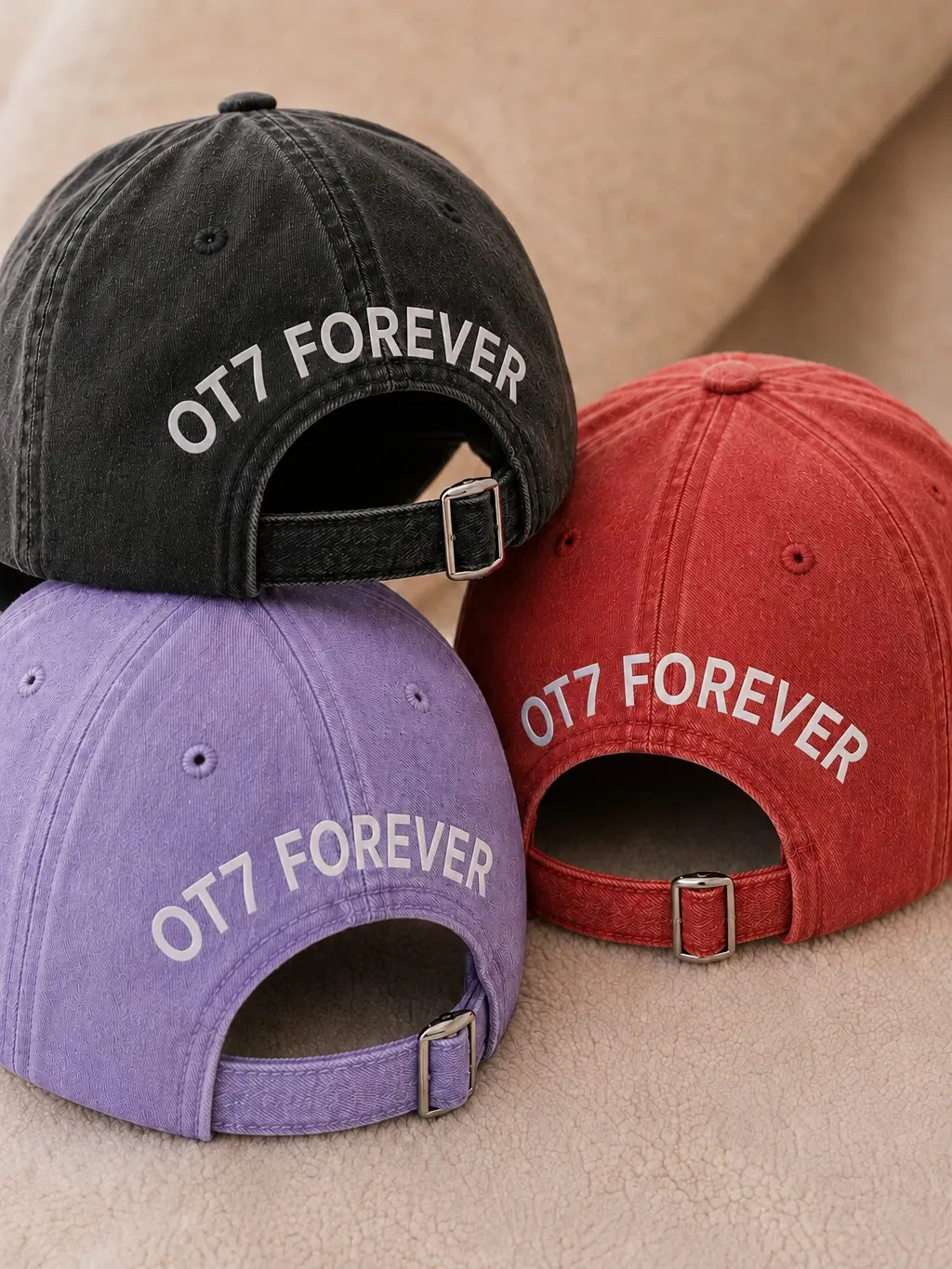 OT7 Forever Vintage Washed Baseball Cap, Female Hat, Casual Cap for Concert Wear, Front & Back Design, Metal Buckle Closure, Three Circles
