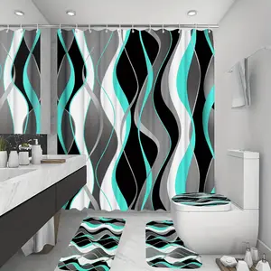 4Pcs Turquoise Shower Curtain Sets with Non-Slip Rugs, Toilet Lid Cover and Bath Mat, Black and Gray Bathroom Decor Set Accessories Fabric Waterproof Shower Curtains with 12 Hooks, 72 x 72 Inch