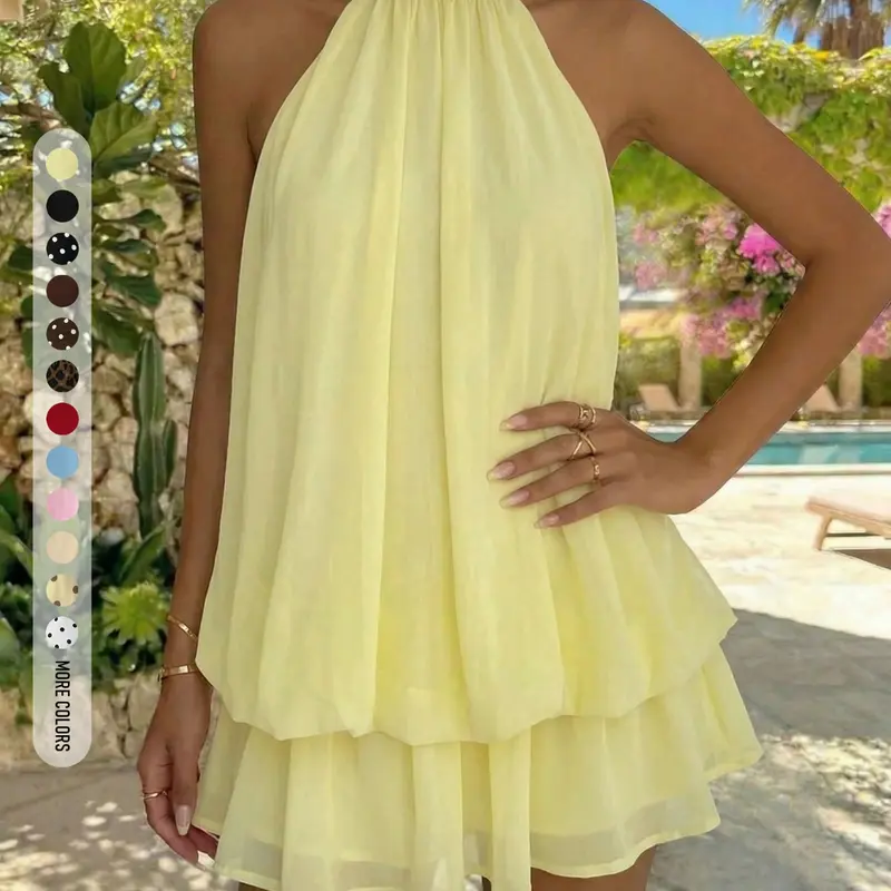 Women's Summer Elegant Solid Versatile Tiered Halter Neck Sleeveless Mini Dress for Daily, Resort & City Occasions