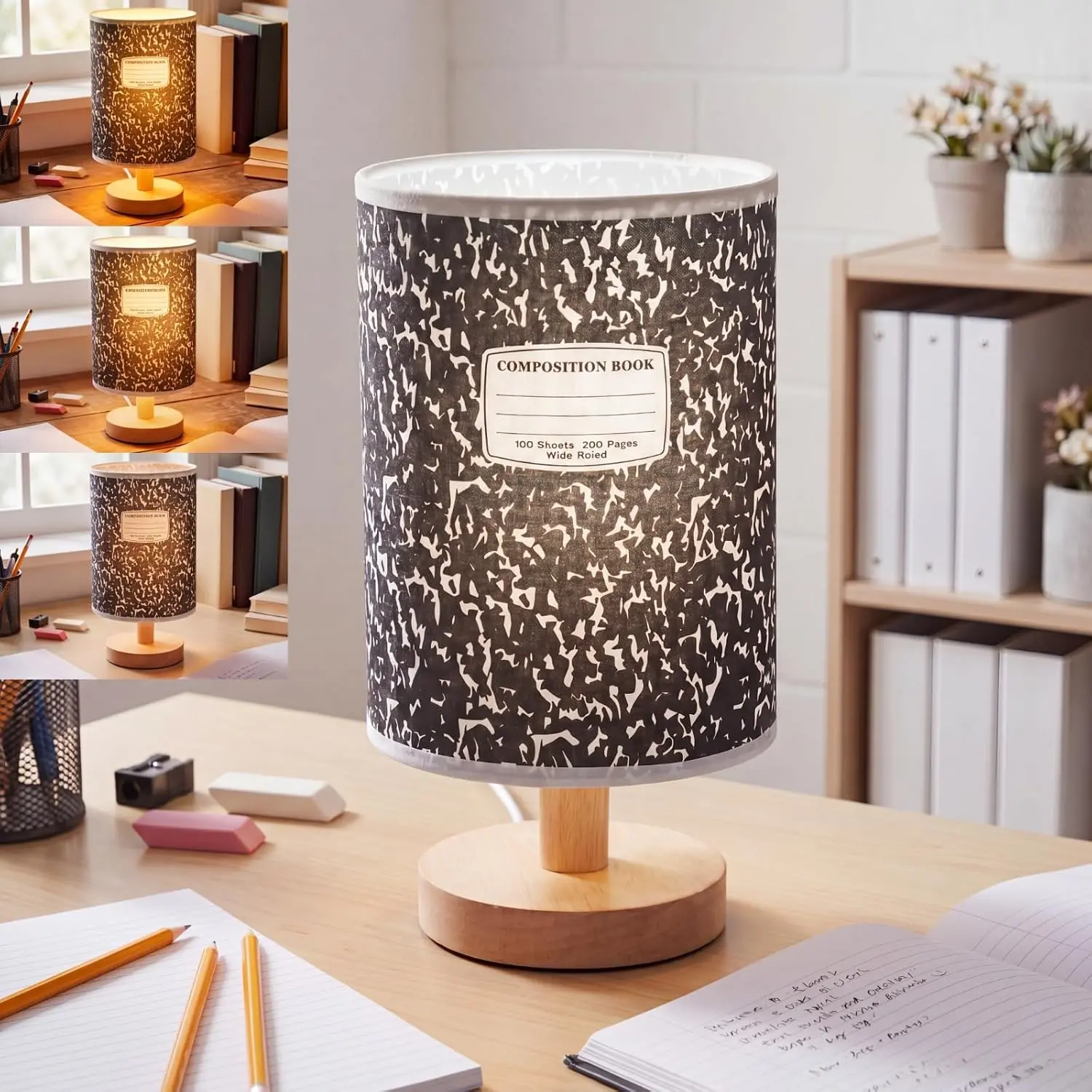 9.65in Adjustable 3-Color Composition Notebook-Themed Table Lamp, Classroom Supply for Back to School Reading & Calming Corners, Elementary Study Room Indoor Lighting Decor