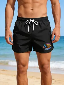 Summer Quick Dry Men's Beach Shorts Sun Surfer & Wave Theme Graphic Print Black Drawstring Sports Swimsuit Bathing Suit for Vacation Surfing and Running