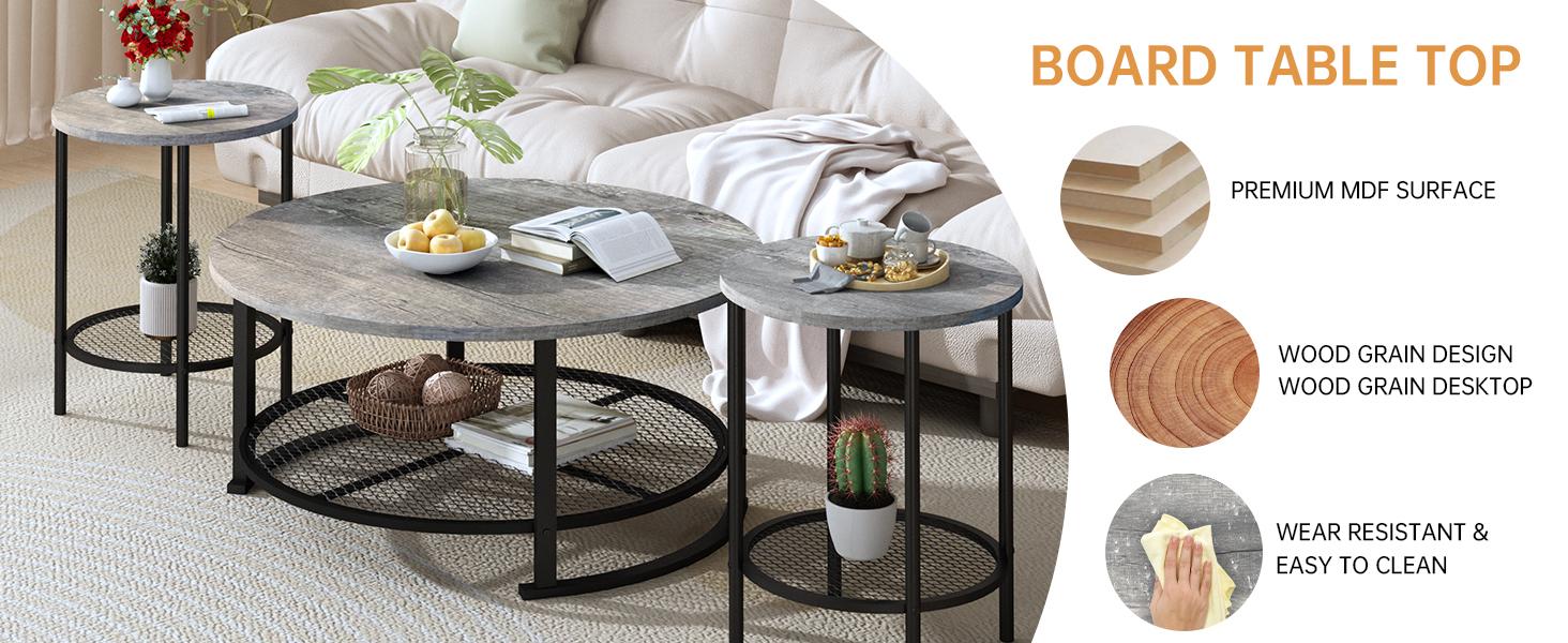 Living Room Coffee and End Table Sets, Wooden Modern Rustic Center Table with Two Side Tables, 3 Piece Living Room Coffee Table Set with Storage for Living Room, Apartment