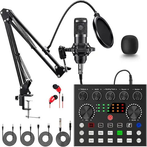 V8S Professional Live Broadcast Equipment Bundle - USB Audio Mixer with USB Interface, Metal Boom Noise-Canceling Microphone, Mobile/Gaming Plug-and-Play Set, 4 Voice Changers for Windows Live Streaming, Smartphone Music Recording