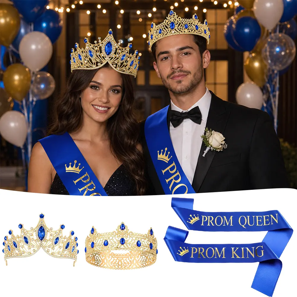 4Pcs Prom King and Queen Crowns and Sashes Set Graduation Prom King and Queen Tiara Sash for 80's Prom Party Favors