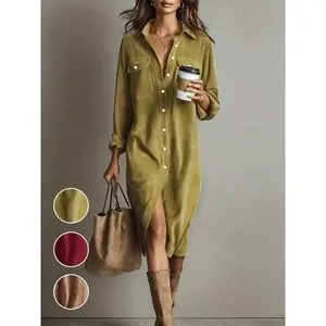 Women's Fashion Casual Double Chest Pocket Button Collar Corduroy Long Sleeve Midi Dress, Knee length, Spring and Autumn FashionRAIMENTRY