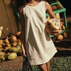 Summer Women's Cotton Linen Tank Top Backless Solid Color Mini Dress Multiple Colors long low back bodycon maxi chic micro halter short party modest white gorgeous sleeveless cami sleeve