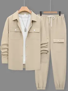 Men's Khaki Cargo 2-Piece Loungewear, Homewear Set - Long-Sleeve Lapel Shirt with Dual Chest Pockets + Elastic Drawstring Jogger Pants, Lightweight Breathable Fabric, Minimalist Style, For At-Home Lounging, Casual Evenings & Seasonal Layering