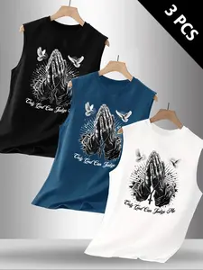 Bestselling Summer Men's Casual Sleeveless Tank Top, Graphic Prayer Hand Print, Outdoor Sports Wear, Daily Versatile, 3 Pieces Set
