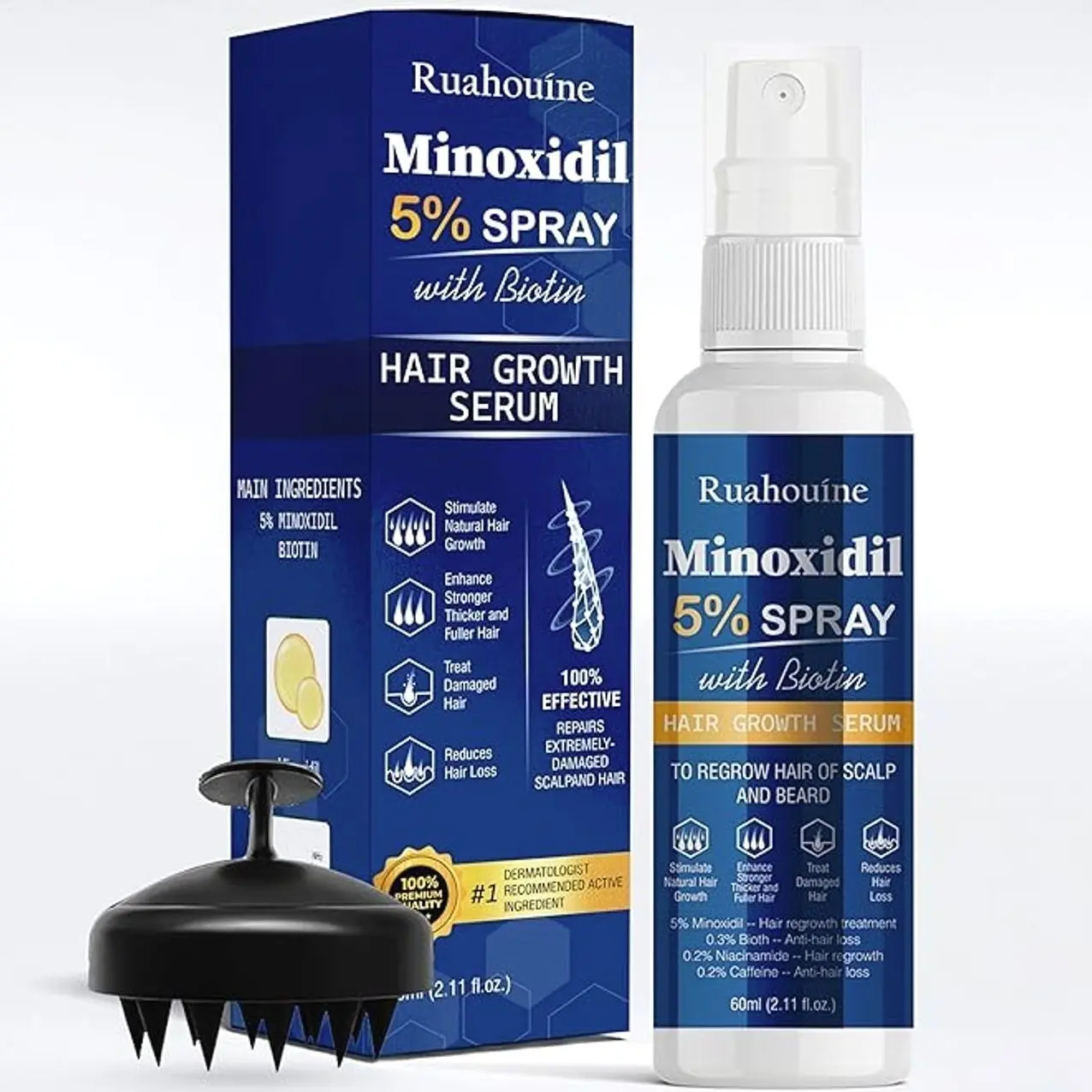 5% Minoxidil Hair Growth Spray with Brush for Women & Men, Minoxidil Biotin for Men Beard, 60ml  2.11 fl.oz