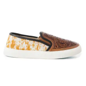 Women's Myra Kryptun Western Handtooled Hairon Leather Slip-On Sneakers - Natural Low-Top Shoe, Western Floral Carving, White Sole, Everyday Rodeo Vibe Footwear