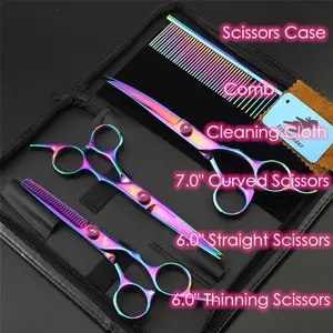 7.0 Inch Professional Pet Scissors for Dog Grooming Dogs Shears Hair Cutter Straight &Thinning & Curved Scissors 3Pcs/Set + Comb Does not apply