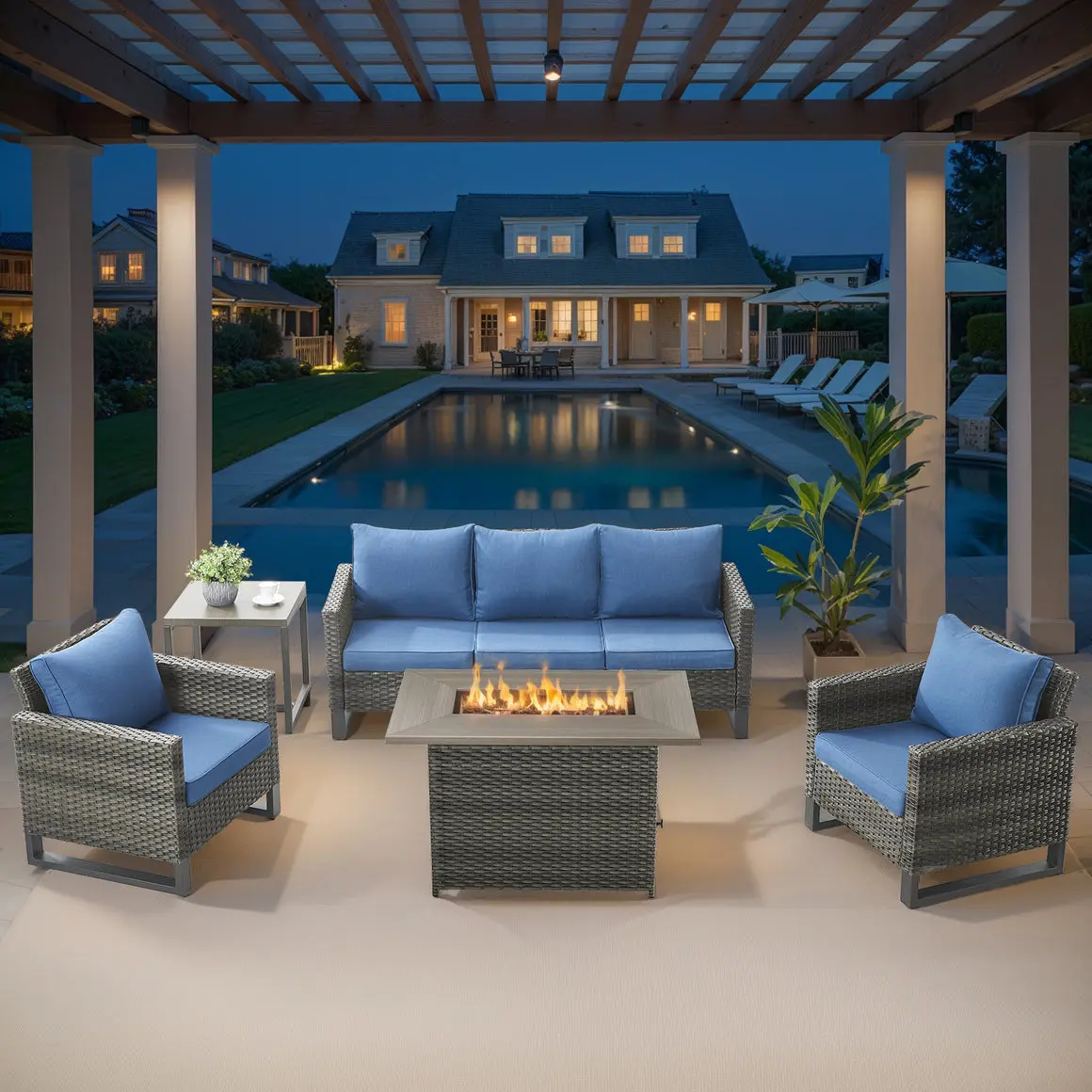 Belord GRS Series 5-Piece Sturdy Metal & Plastic Waterproof Outdoor Patio Set - 41" Gas Fire Pit Table, Sofa, 2 Chairs for Entertaining, Traditional