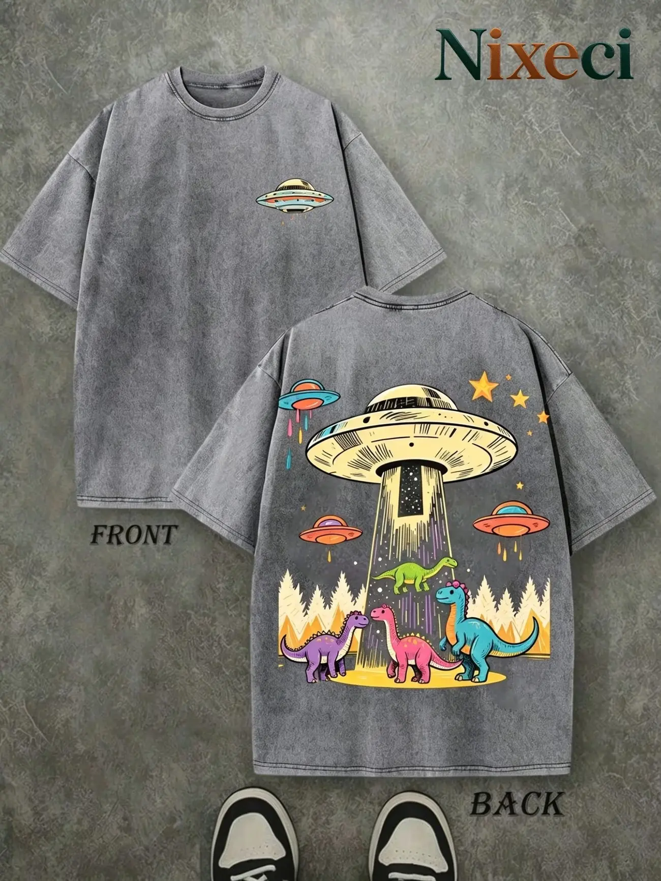 Vintage Washed T-Shirt for Men in Mint Green, Oversized Crew Neck Top with a Sci-Fi UFO & Dinosaur Print, 230G Heavyweight Fabric, Tshirt, Shortsleeve, Round Neck, Menswear, Men's T Shirts, Vintage Graphic Tees