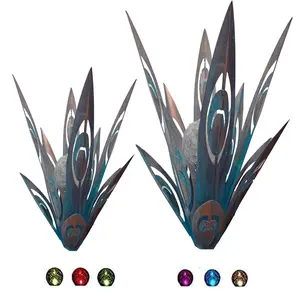 2 sets of metal solar agave peacock decorations | 16-inch and 12-inch rustic garden art sculptures, waterproof hollow outdoor artworks, suitable for outdoor Bohemian home decoration in gardens, lawns, and porches