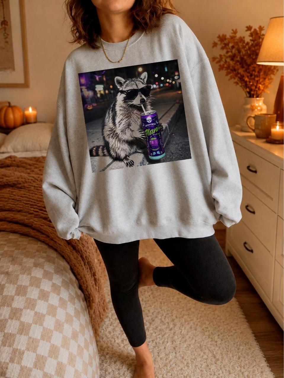 Cool Raccoon Drinking Alani Halloween Sweatshirt Hoodie, Sunglasses and Spooky Drink Graphic Shirt, Funny Nightlife Raccoon Shirt, Halloween Gift for Raccoon Lovers