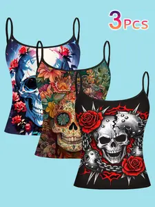 Gothic Skull Rose Print Straps, Halloween Candy Skull Punk Style, Summer Home Wear Top Set of Three, Casual Sleeveless Slim-Fit