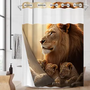 1pc hookless shower curtain with buckle lining, tan lion and three cubs design, 2D flat printing, fabric waterproof lining, double-layer shower curtain with see-through window, 71 x 74 inches, modern home drape, Bathroom Curtain