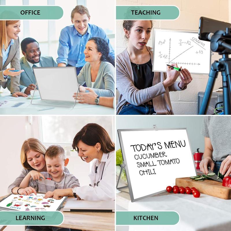 Dry Erase White Board, 16inX12in Large  Desktop Whiteboard with Stand, 10 Markers, 4 , 1 Eraser, Portable Double-Sided White Board Easel for  Memo  Desk School