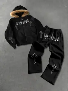 Men's Fall Winter Cross Print Hooded Sweatshirt Jacket Set, Waist Drawstring Wide Leg Pants, Casual Fitted