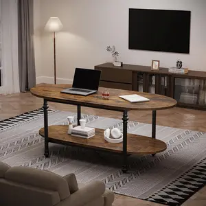 【Christmas Gift】Brown Elegant Oval Coffee Table 47Point2 Inch Vintage 2 Tier Cocktail Table with Roman Column Metal Legs Brown