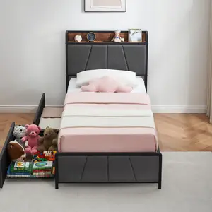 GARVEE Modern Minimalist Single Bed Frame with Upholstered Headboard and Base, Two Storage Drawers, Charging Station, No Spring Mattress Needed, Easy Assembly, Gray