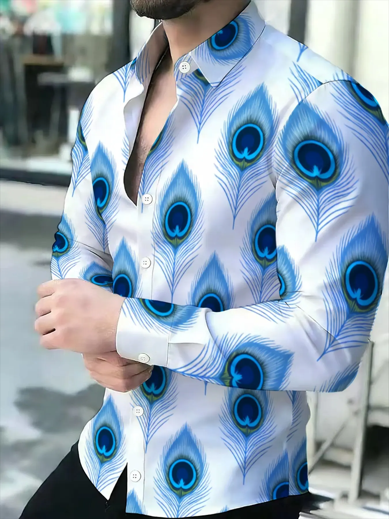 Men's Long Sleeve Shirt with Novel Peacock Feather Print
