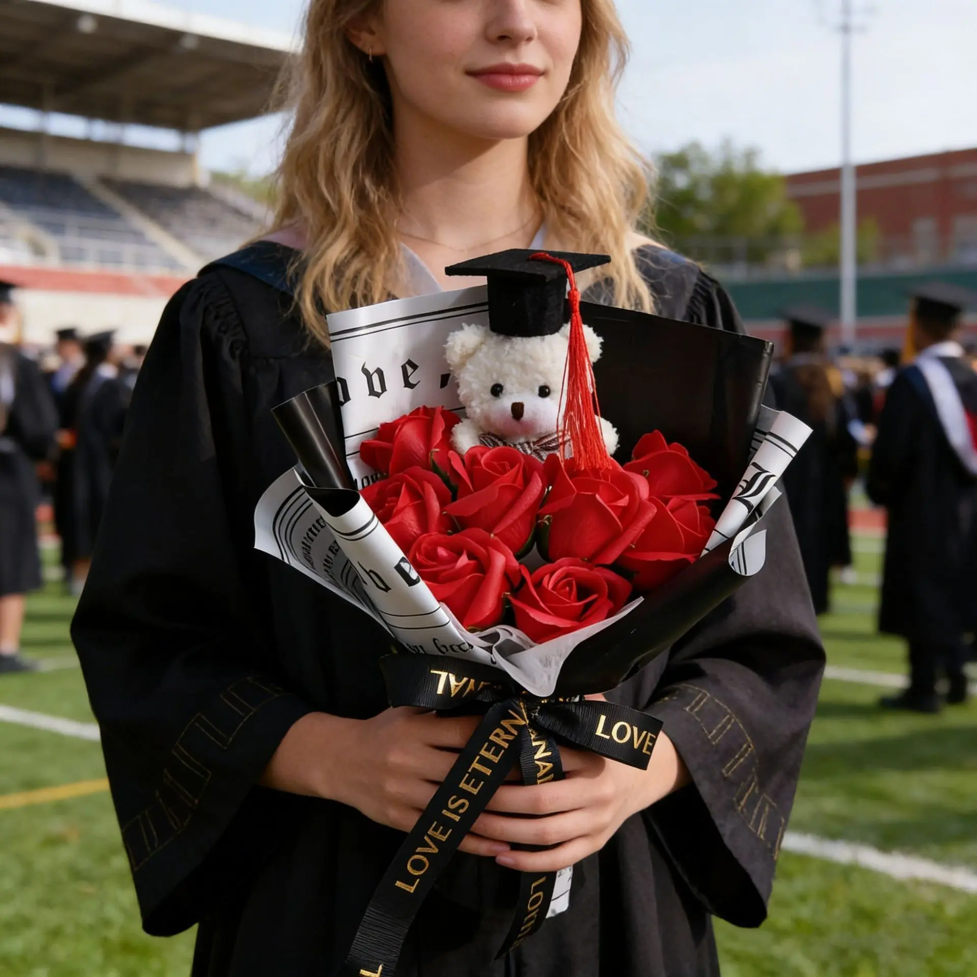Graduation Teddy Bear Bouquet, Artificial Rose Flower Gift for Graduation, Photo Prop for College High School Graduation, Cute Graduation Gift for Her, Decorative, Fake Bouquet, Decoration Bouquet