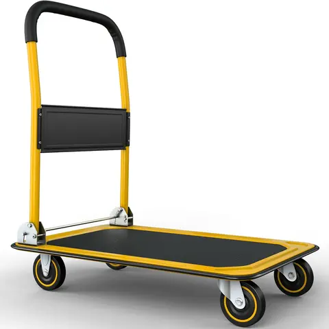 Heavy-Duty Collapsible Folding Wagon Dolly Cart with Rugged 4" Wheels, 330-660 Lb Capacity 28-3/4" x 18-3/4" Flat Bed Moving Platform Trolley for Groceries, Warehouse Use, Space-Saving Swivel Push Handle