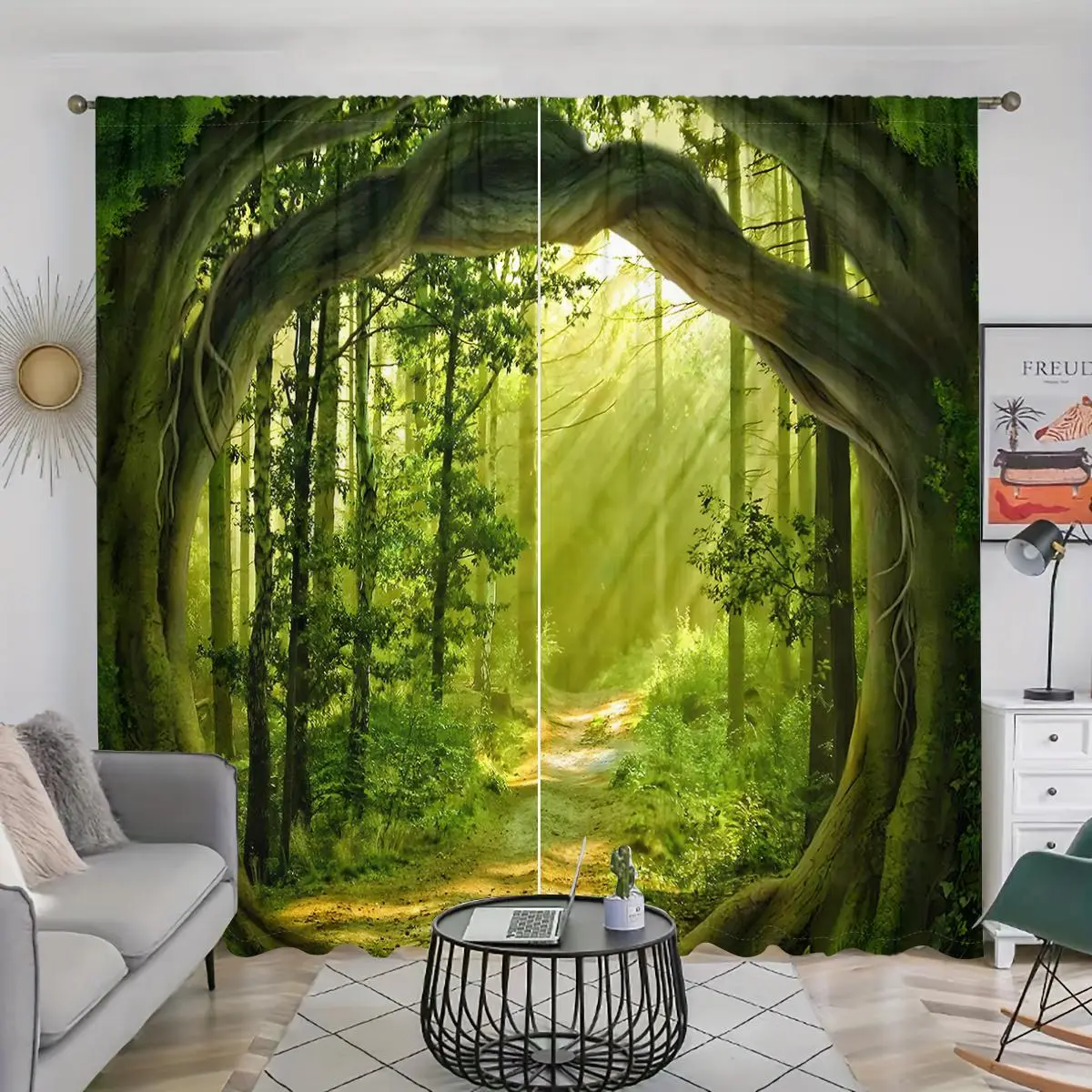 Forest Pattern Door Curtain, 2 Counts/set Magic Forest Path Landscape Printed Filter Curtain, Curtain for Windows, Window Drapes, Home Decor for Bedroom, Living Room, Kitchen, Study