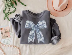 Toile De Jouy Coquette Bow Sweatshirt Blue Ribbon Sweater Girly Aesthetic