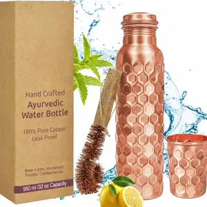 100% Pure Copper Water Bottle for Drinking, 32 Oz Large Diamond Ayurvedic Copper Bottle with Cleaning Brush, Leak-Proof Water Vessel_Diamond with Glss