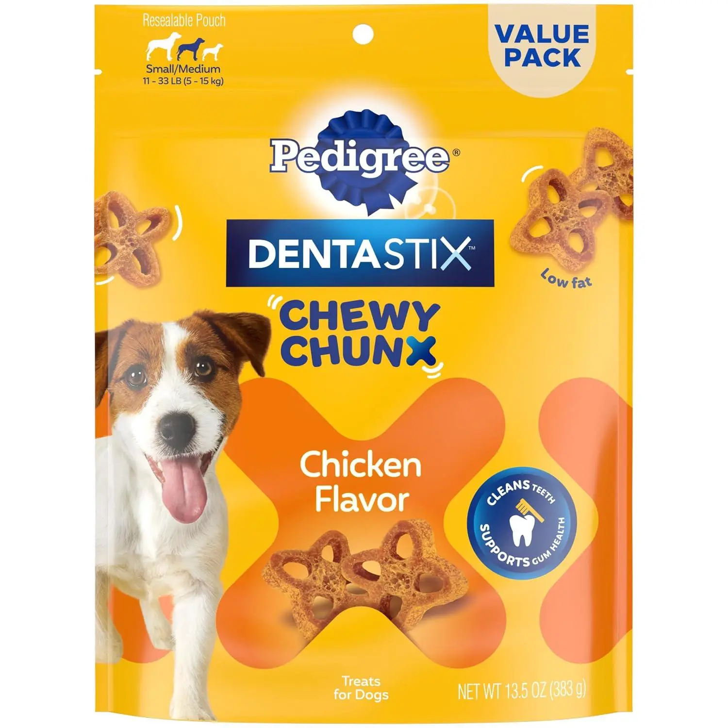 Pedigree Dentastix Chewy Chunx Small Dental Dog Treats, Chicken, 13.5 oz | Chewy texture reduces plaque, cleans teeth & supports gum health, no added sugar, low fat under 25 calories per treat