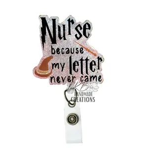 Nurse Because My Letter Never Came Badge Reel, Magical Wand & Wizard Hat Design, Glitter Retractable ID Holder, Handmade Badge Clip for Nurses, Healthcare Workers & Fantasy Fans